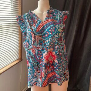 Talbots Botanical Paisley ruffle trim shell V-neck top, size XLP